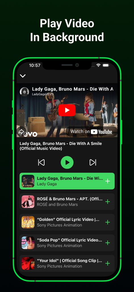 Pure Tuber Lite: Video & Music - Interfaz de la aplicación Pure Tuber Lite mostrando un reproductor de vídeo musical con reproducción en segundo plano y una lista de reproducción curada de canciones populares.