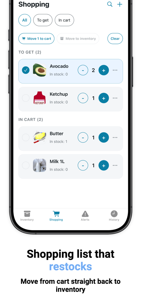 Pantra: Pantry Inventory - Pantra app shopping list showing grocery items and the feature to move purchased items back to inventory