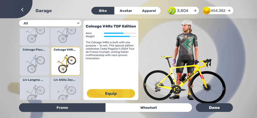MyWhoosh app garage interface showing a yellow Colnago V4Rs TDF Edition bike and a cyclist avatar.