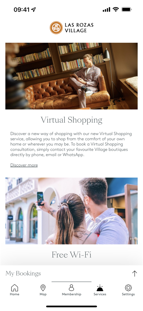 Tela do aplicativo Las Rozas Village exibindo compras virtuais e serviços de Wi-Fi gratuitos.
