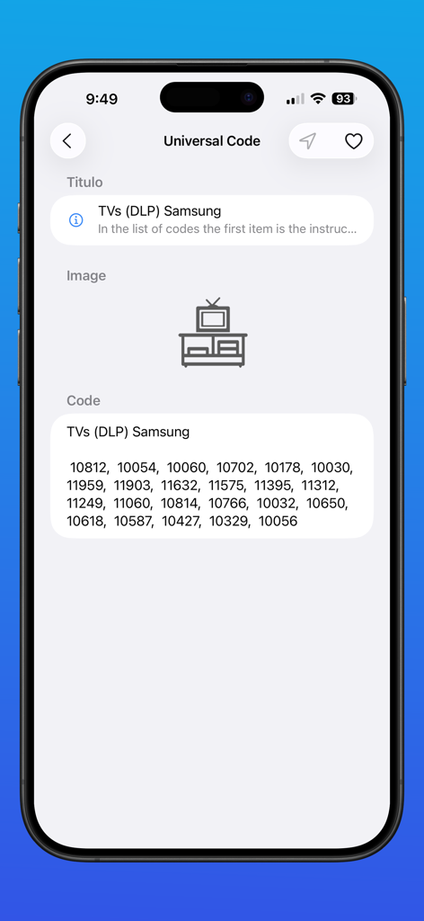 Smart TV Remote IP WIFI PRO - Mobile app screen displaying universal remote codes for Samsung TVs