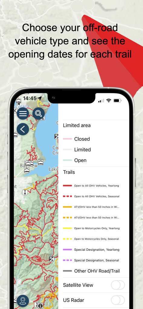 Aplicativo móvel TrakMaps mostrando categorias de trilhas off-road e datas de abertura sazonal em um mapa