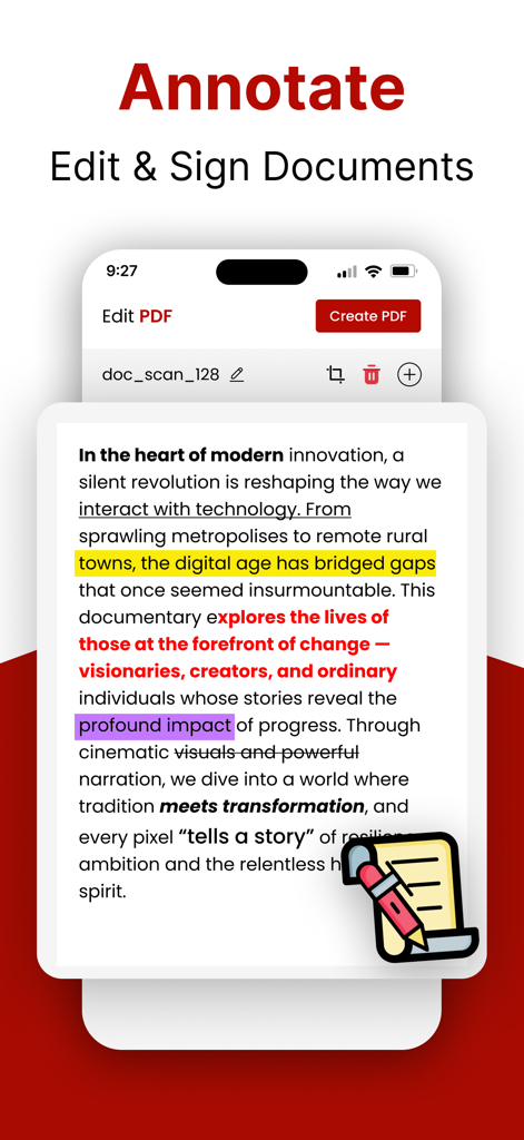 PDF Editor: Fill, Edit, Sign - A mobile app interface showcasing the annotate feature with highlighted and underlined text in a PDF document.