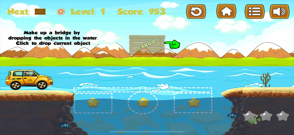 Physics-based bridge building game level with a car and wooden cargo