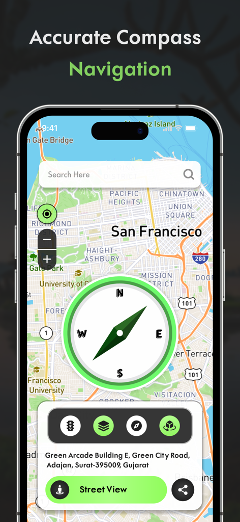 Una pantalla de teléfono inteligente que muestra un mapa de San Francisco con una gran superposición de brújula verde para una navegación precisa.