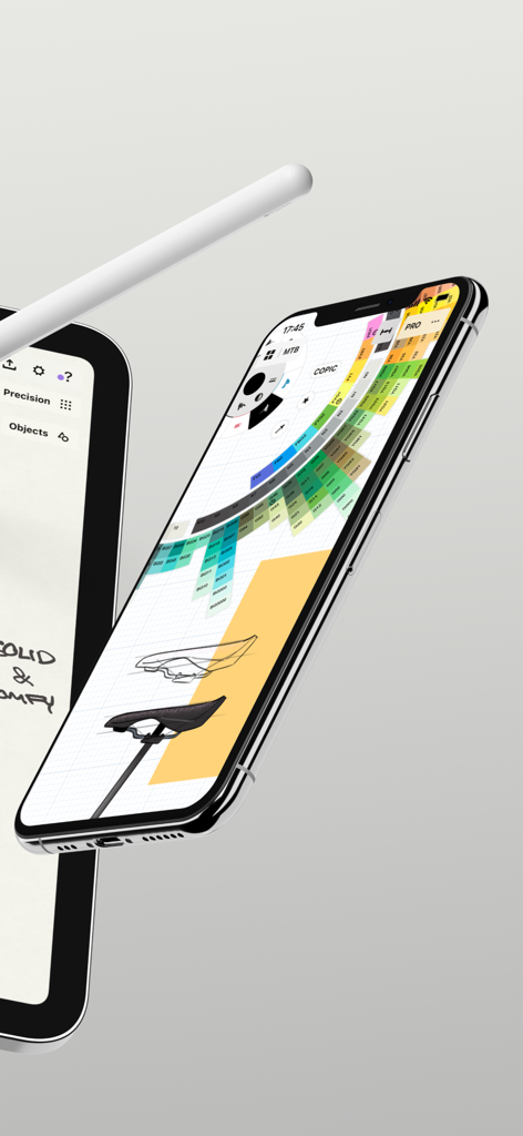 COPIC 색상환과 산업 디자인 스케치가 있는 Concepts 앱 인터페이스를 표시하는 iPhone