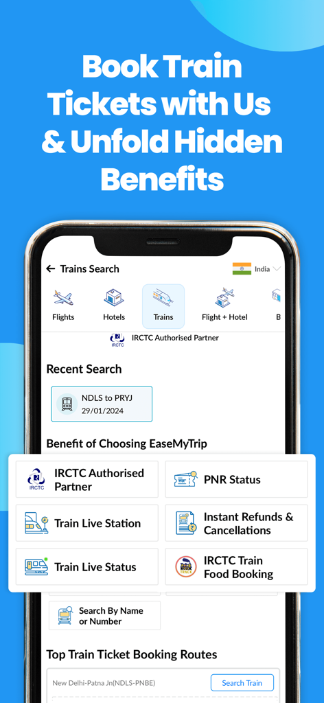 EaseMyTrip app interface for IRCTC train bookings featuring PNR status and live tracking.