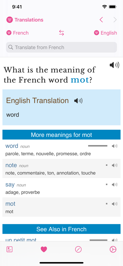 Word Hippoアプリのインターフェース。単語「mot」のフランス語から英語への翻訳が、複数の意味と発音アイコンとともに表示されています