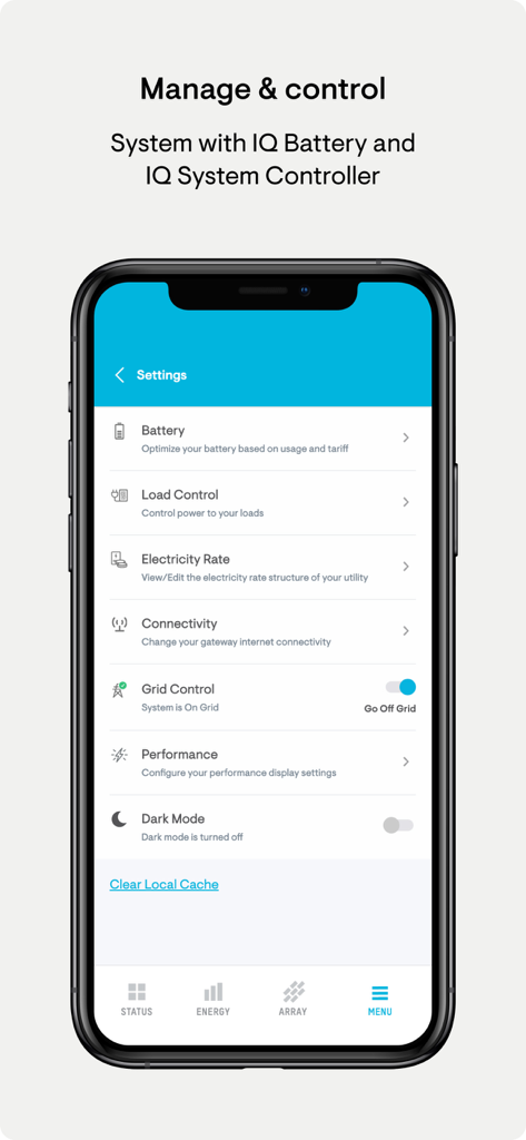 Enphase Enlighten - Enphase Enlighten app settings screen showing management options for battery load control and grid connectivity