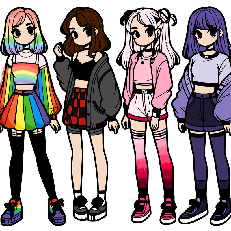 one girl with crop-top shirt and a jacket with a skirt, long socks and another girl with a shirt and pants with a jacket