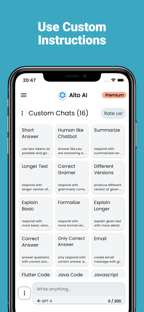 Aito AI: GPT & Gemini Chatbot - Interface of the Aito AI app showing a grid of custom chat presets including Summarize, Human like Chatbot, and Correct Grammar