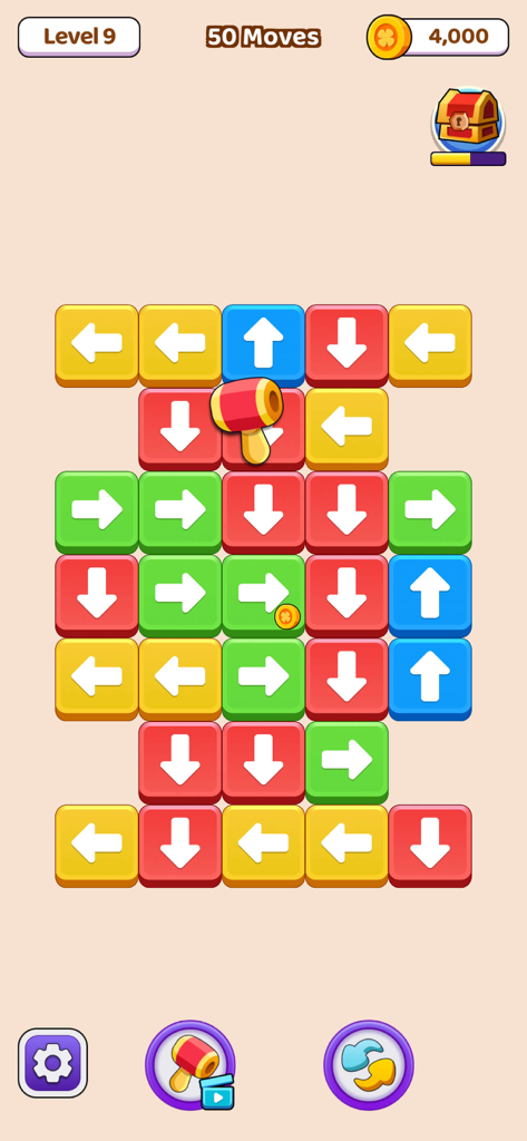 Tap Block Go - A mobile puzzle game screen for Tap Block Go showing colorful blocks with direction arrows and a hammer power-up tool being used.