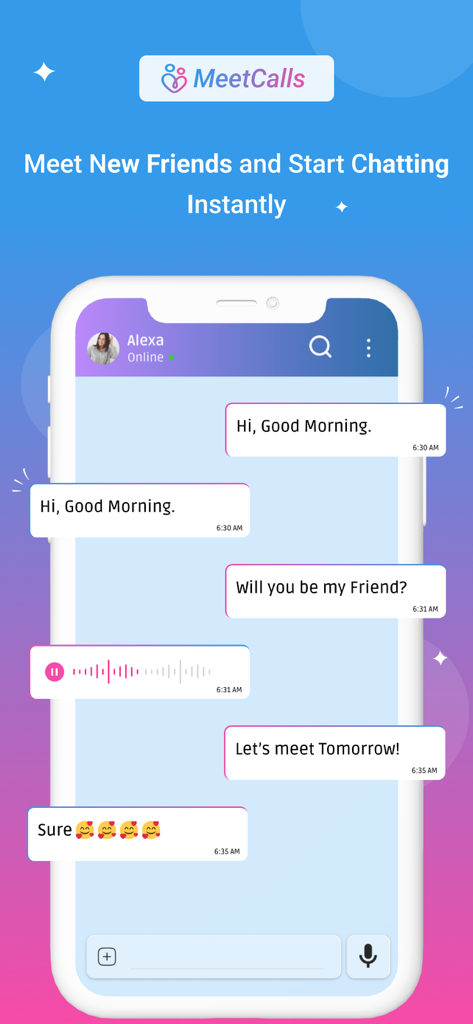 Ein Screenshot der MeetCalls-App-Chat-Oberfläche, der Text- und Sprachnachrichten zwischen Benutzern zeigt.