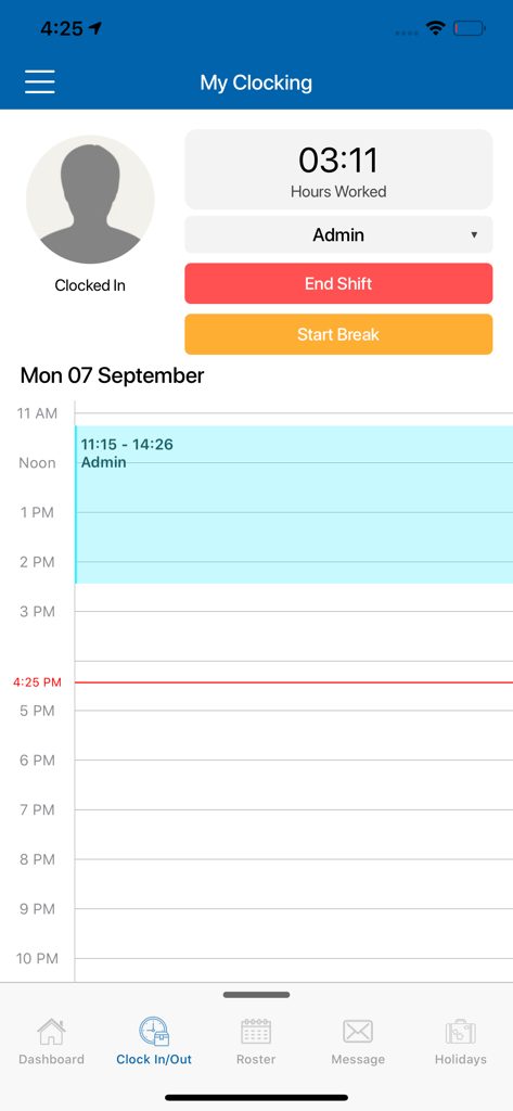 Timepoint - Timepoint mobile app screen for clocking in and out showing total hours worked