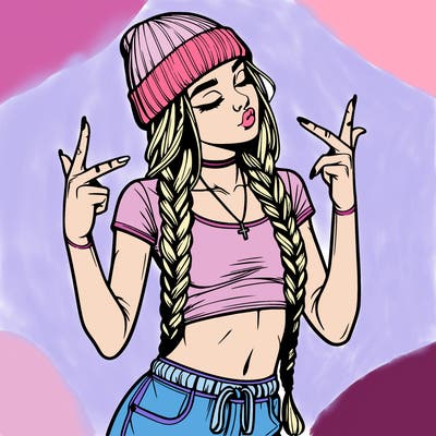 realistic teenage girl with braids and a beanie and crop top doing 🫶🏼