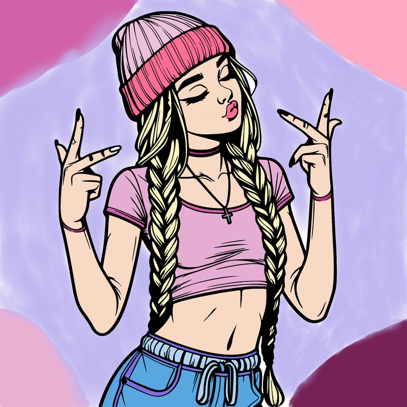 realistic teenage girl with braids and a beanie and crop top doing 🫶🏼