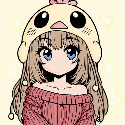 anime girl with chick shaped hat with sweater with bare shoulders with bangs covering them one eye with low tail
