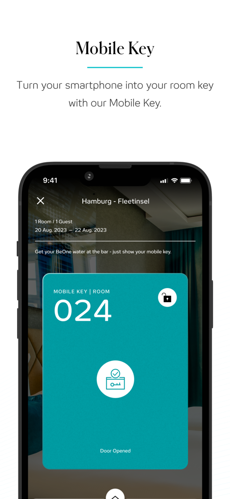 Motel One App-Bildschirm, der die Mobile Key-Funktion für Zimmer 024 zeigt