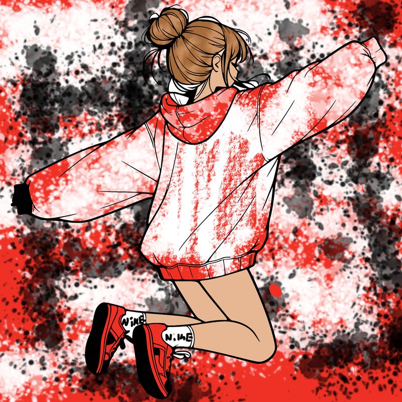 realistic girl jumping with a bun and oversized sweatshirt
