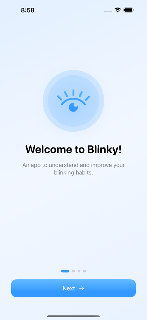 Blinky App - Tela de integração do aplicativo Blinky com um ícone de olho azul e uma mensagem de boas-vindas explicando seu propósito de melhorar os hábitos de piscar