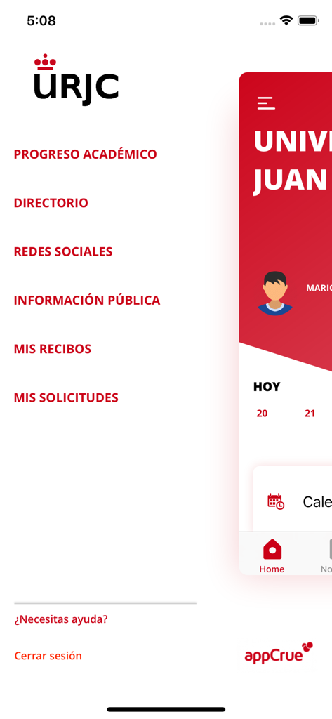Side navigation menu of the URJC university app showing sections for academic progress, directory, and student services.