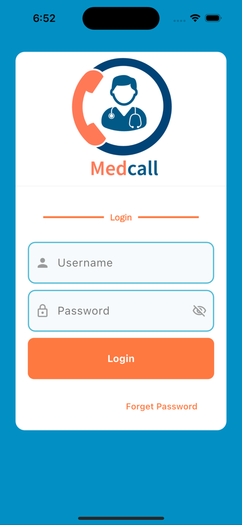 IbnSina Medcall - Pantalla de inicio de sesión de la aplicación IbnSina Medcall con campos de nombre de usuario y contraseña