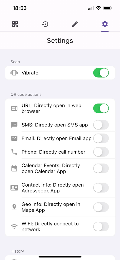 QR Code Scanner - Smart Scan - Settings menu of the QR Code Scanner app showing various smart action toggles for URLs, SMS, and WIFI connection