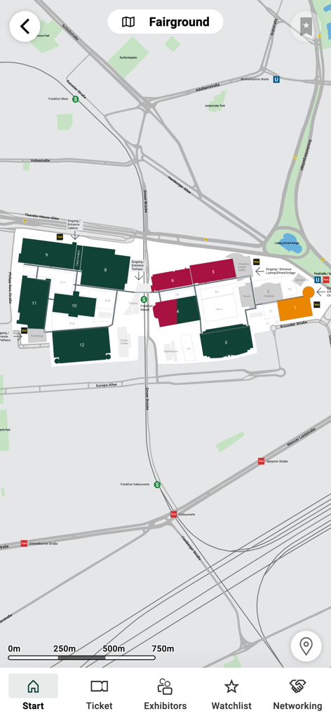 Ambiente Navigator - Ambiente Navigatorアプリの見本市会場マップ。展示ホールの場所とナビゲーションが表示されます。