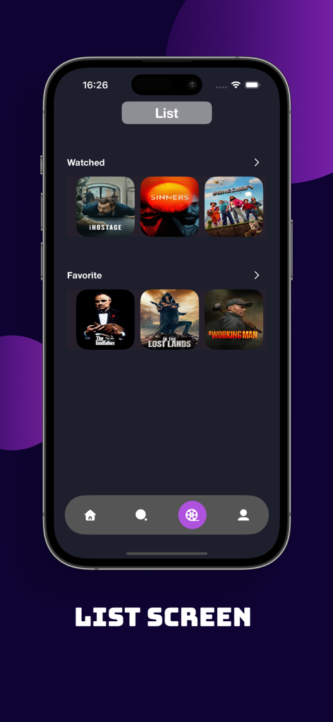 MegaFlix: Cinema Finder - MegaFlix app list screen showing user movie collections for watched and favorite films