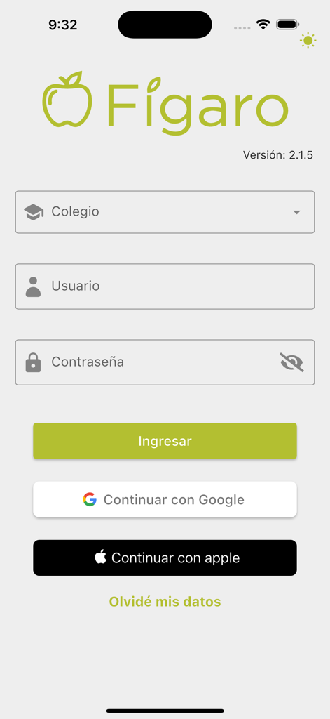 Login interface of the Figaro school management app showing fields for school selection username and password with social login buttons