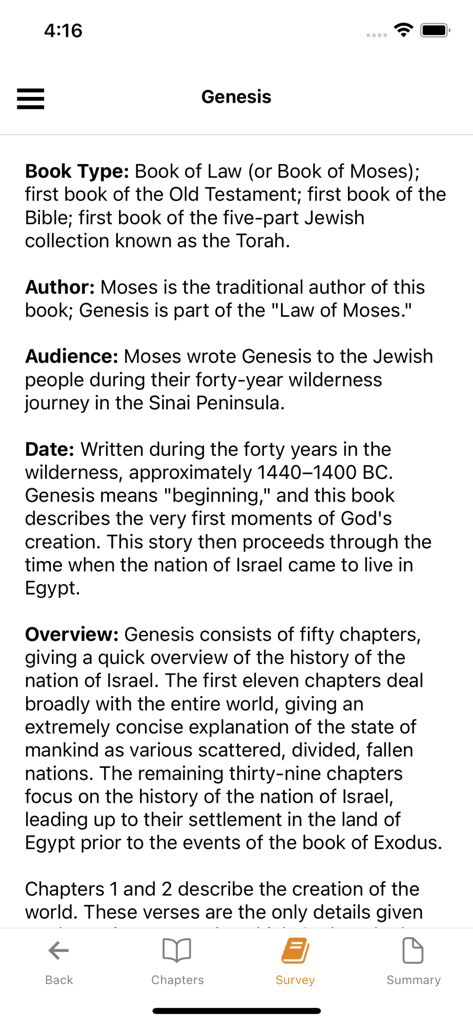 BibleRef app displaying a historical survey and overview of the book of Genesis