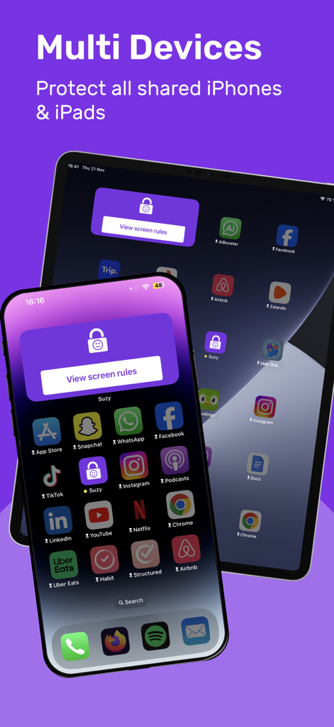Interfaccia dell'app Suzy su iPhone e iPad che mostra la protezione del blocco per bambini multi-dispositivo