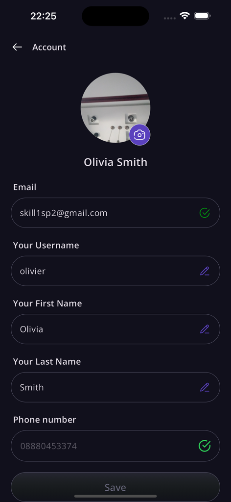U-COM - Mobile app screen showing user account profile settings for U-COM with fields for name email and username