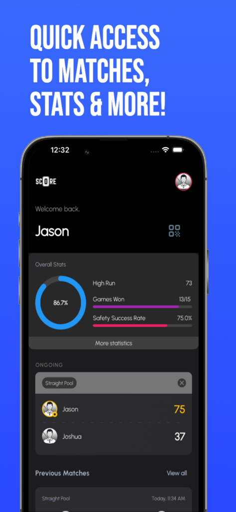 Straight Pool Scorer - El panel de la aplicación Anotador de Bola 8 que muestra estadísticas de rachas altas y puntuaciones de partidos en curso
