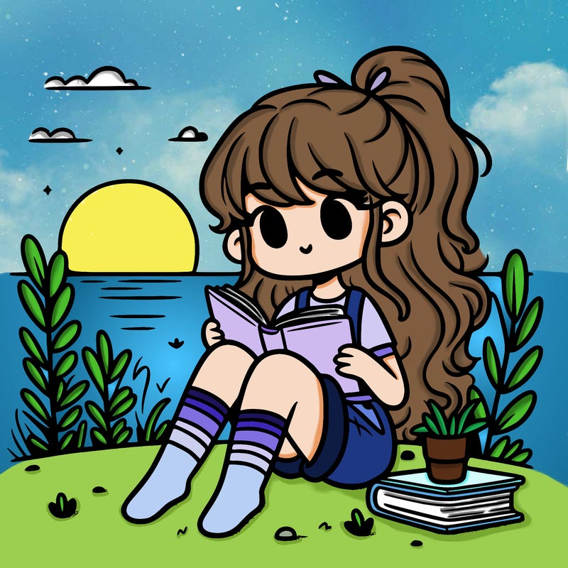 girl reading books outsode in the sunset