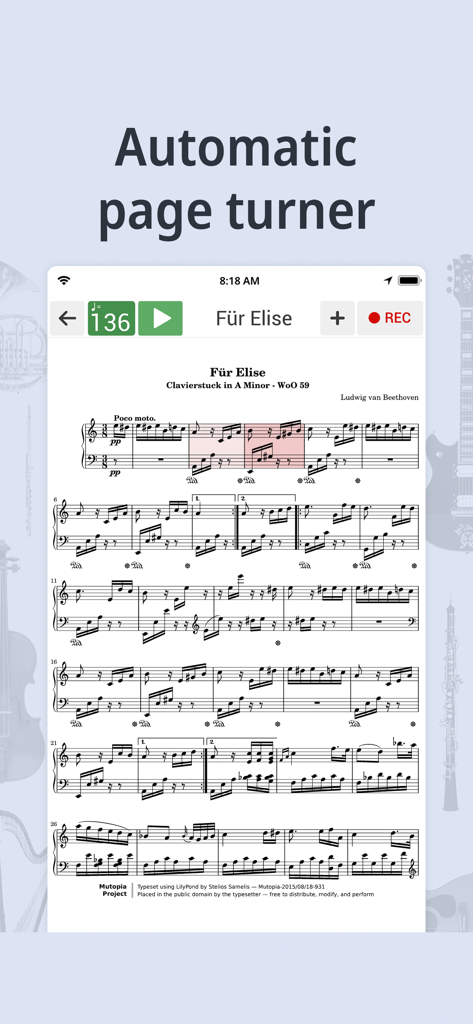 Tuner & Metronome -Soundcorset - Interface do aplicativo Soundcorset exibindo partitura para Für Elise com recurso de virar páginas automático