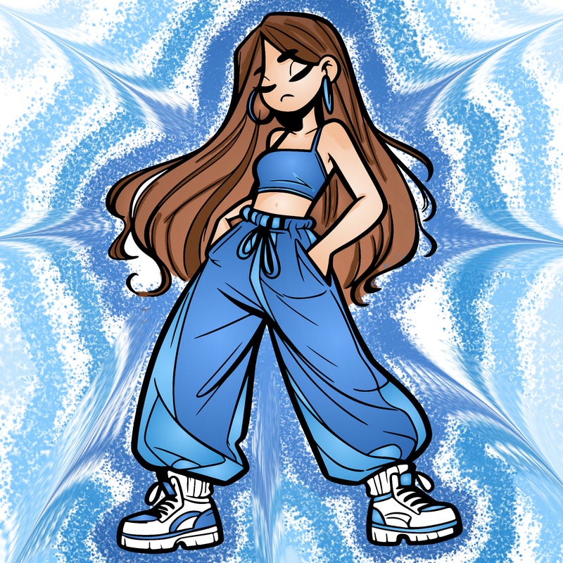 girl in baggy pants crop top and long hair