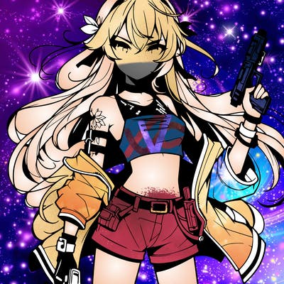 bad girl wearing crop top holding a gun long hair anime