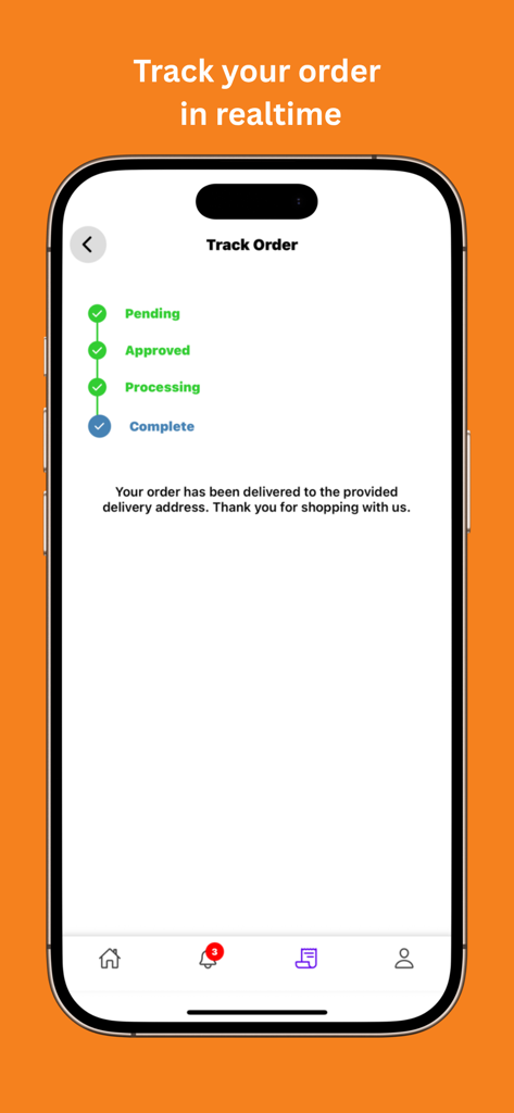 Una interfaz de aplicación móvil para rastrear pedidos que muestra un estado de entrega completado para alimentos y comestibles.