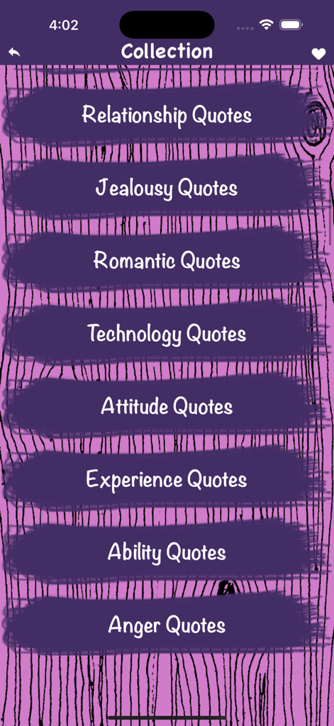 Funny Status Quotes Collection - A list of quote categories in the app including Relationship, Romantic, and Attitude quotes on a purple wood-patterned background.