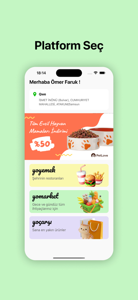 YOUR ORDER - Captura de tela do aplicativo Your Order exibindo serviços de entrega de comida, mercearia e compras locais em turco