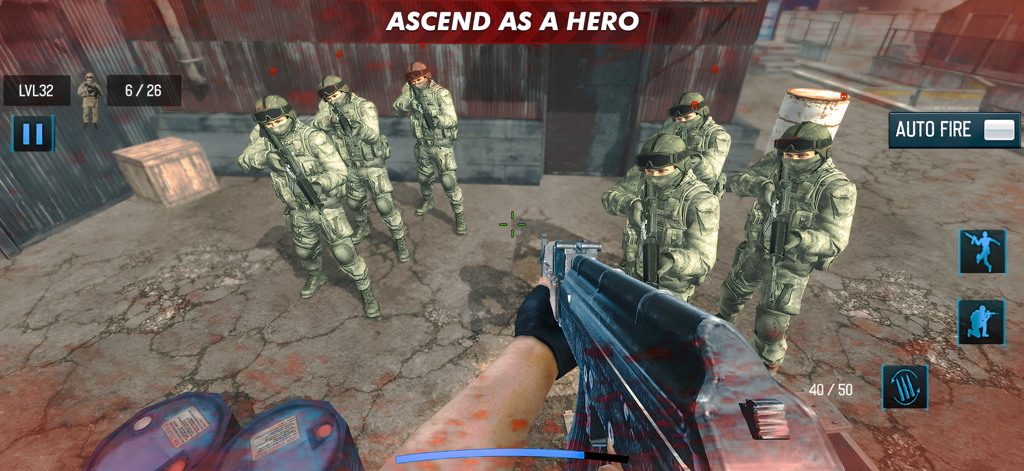 FPS Shooting Strike Game - A first-person shooter gameplay screen showing a commando aiming a rifle at enemy soldiers in an industrial environment.