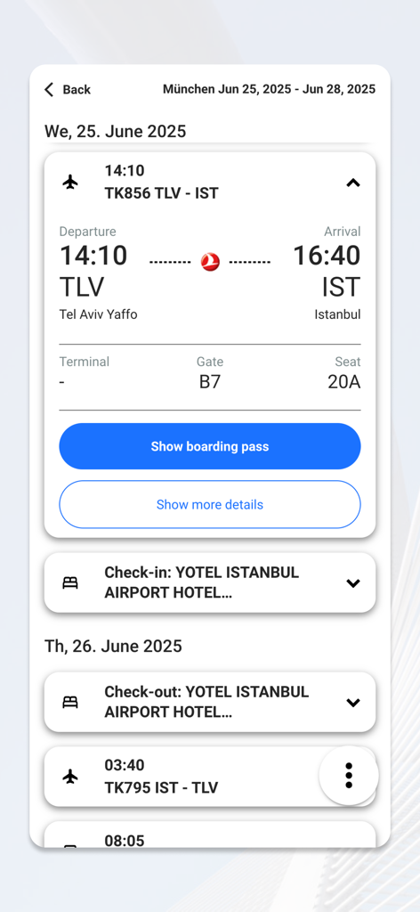Atriis mobile - Atriis mobile app screen displaying a business travel itinerary with flight details and hotel check-in information
