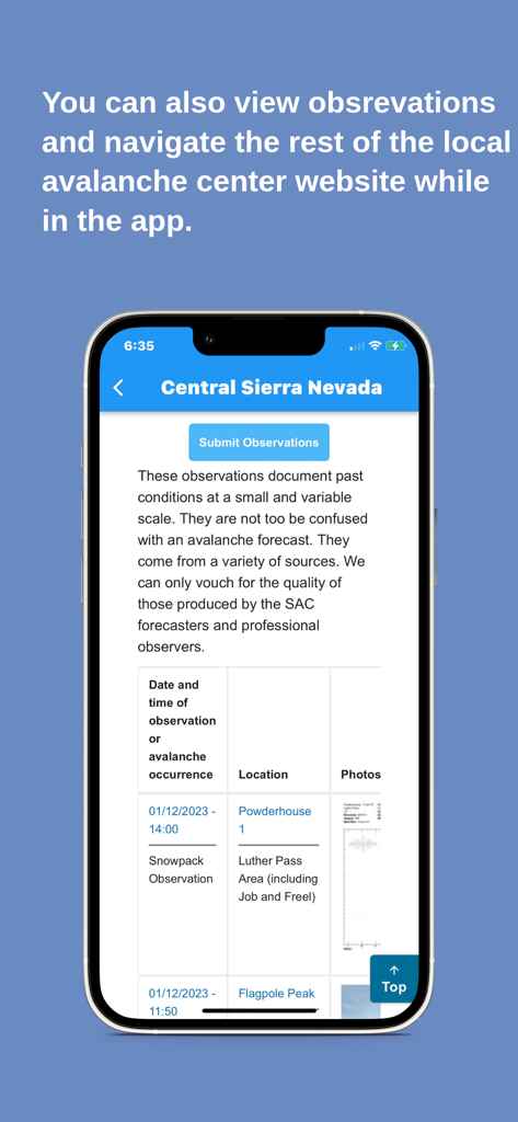 Avalanche Forecasts - User interface of the Avalanche Forecasts app showing field observations and reports for Central Sierra Nevada.