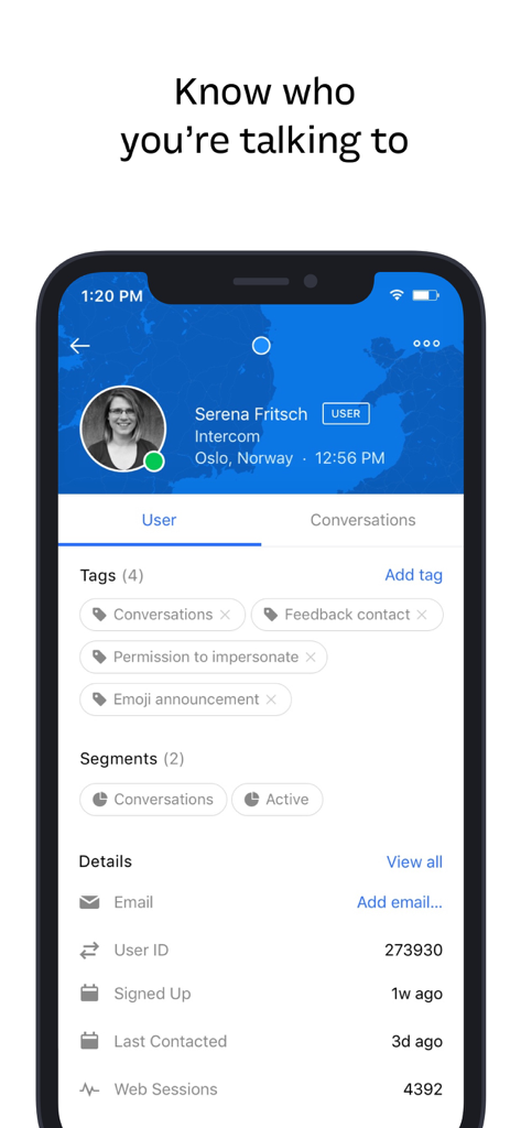 Aplicación móvil Intercom Conversations que muestra el perfil de un cliente con etiquetas e historial de sesiones
