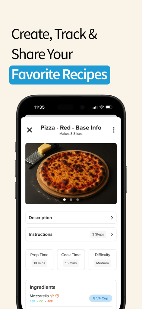 Interface of the My Macros plus app showing how to create and track a pizza recipe with details on prep time and ingredients
