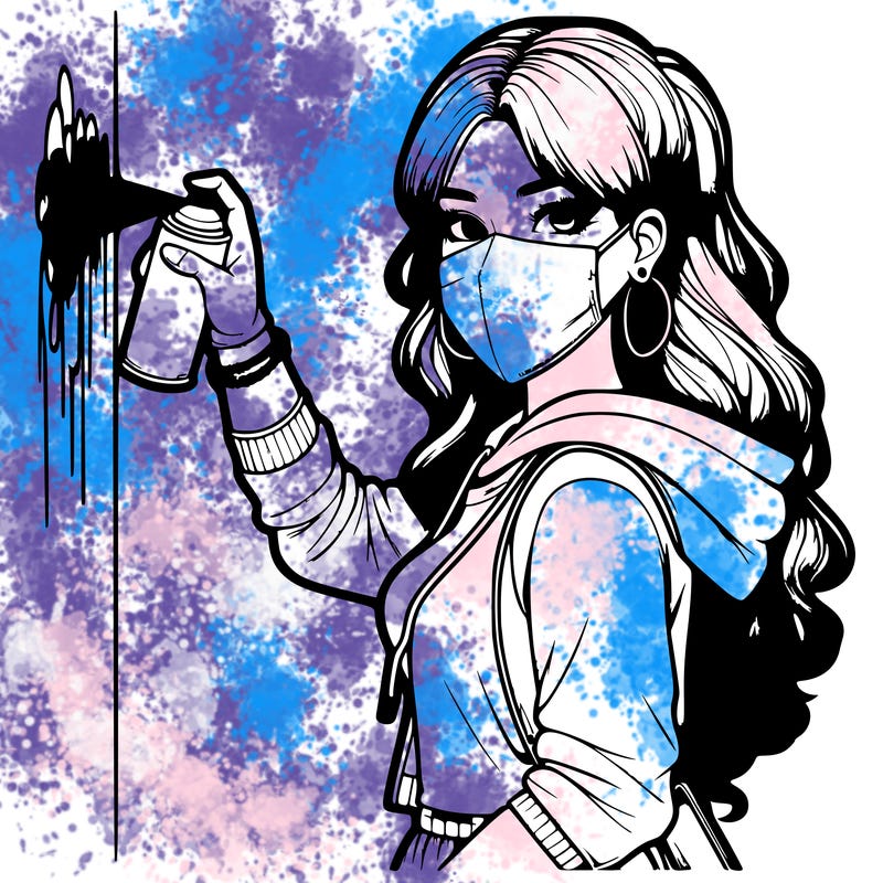 realistic girl with mask spray painting a wall