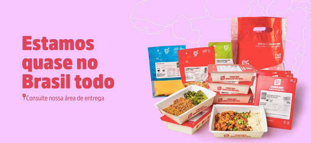 Selection of Liv Up packaged healthy meals and a delivery bag on a pink background with a map of Brazil