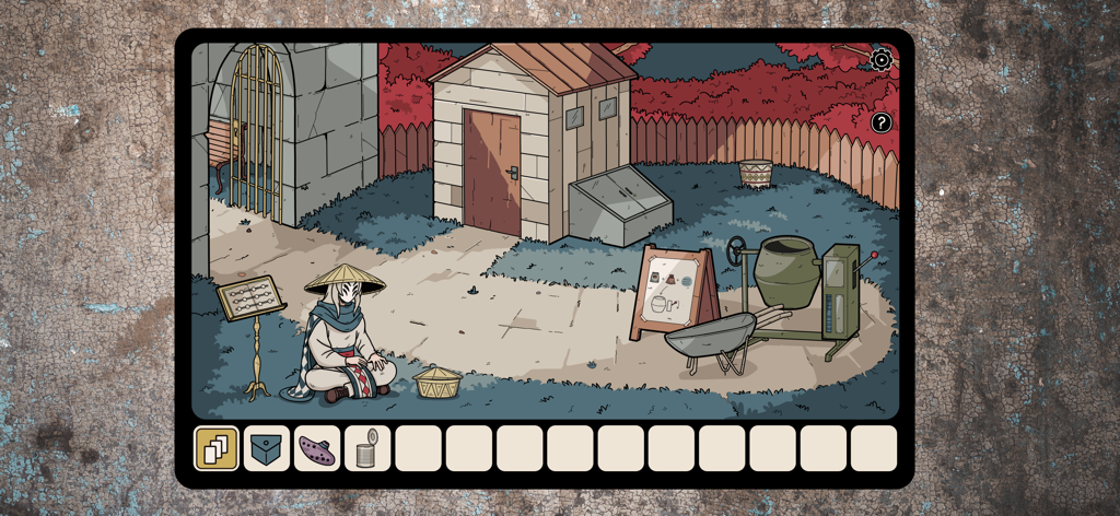 Hidden Memories - A character in a conical hat sitting in a garden courtyard with puzzles in the game Hidden Memories.