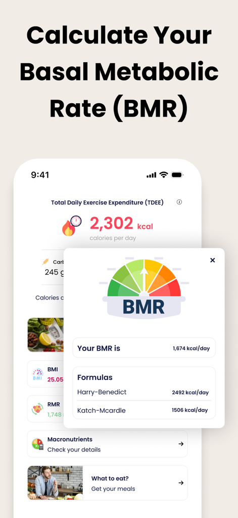 TDEE Calculator - Total Energy - TDEE app interface showing basal metabolic rate results and daily calorie expenditure summary